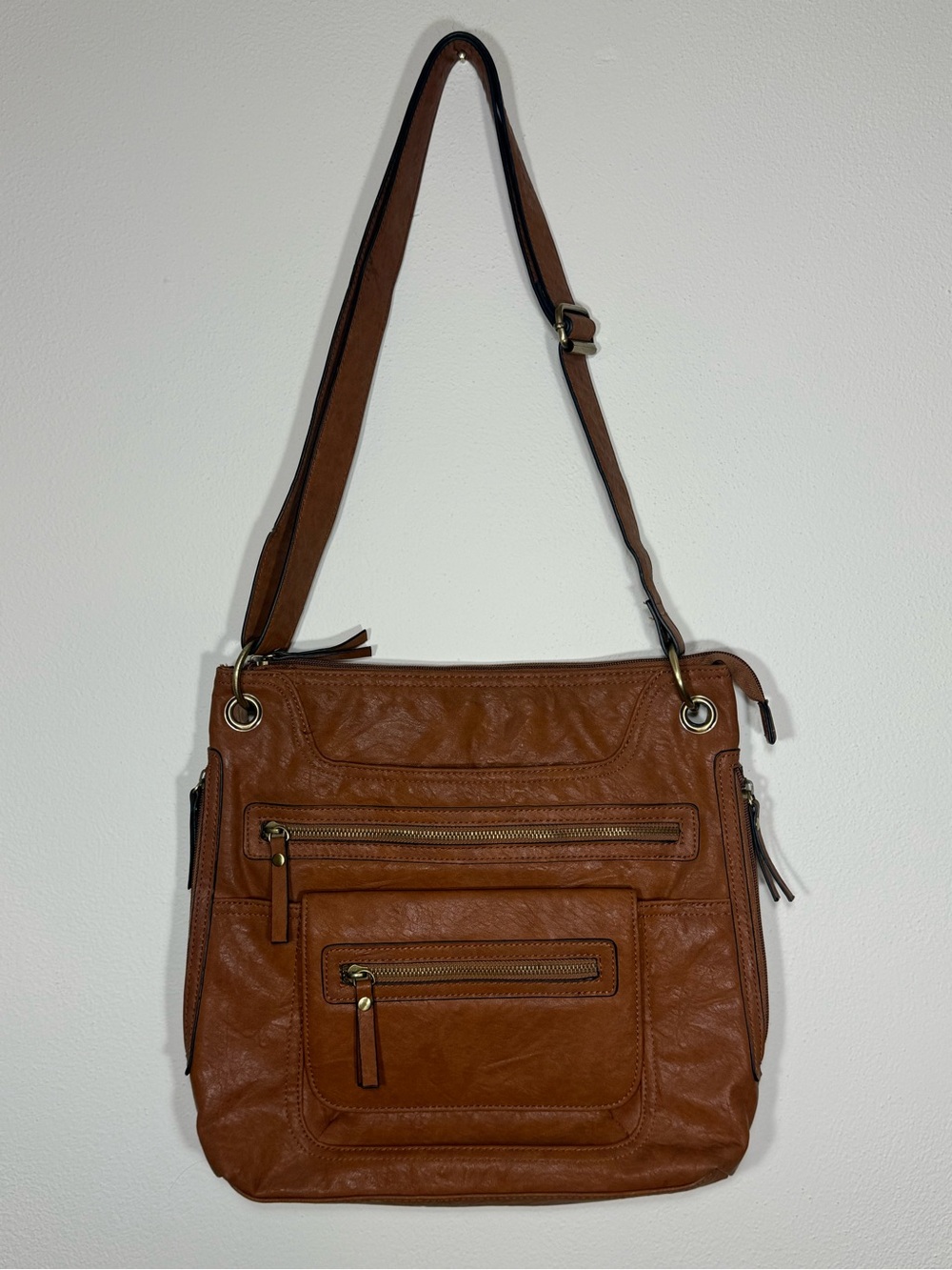 Bueno Cognac Brown Crossbody Bag with Front Zip Pockets